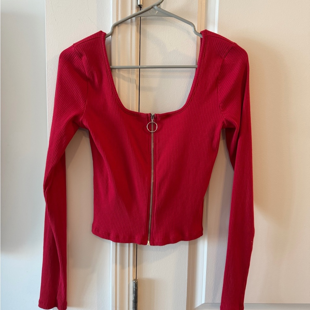 Hollister Red Ribbed Crop Top with Zipper
